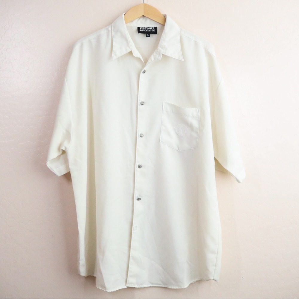 Vintage Versace Jeans Couture‎ Button Up Shirt Mens L Ivory Medusa Short Sleeve - Picture 13 of 16